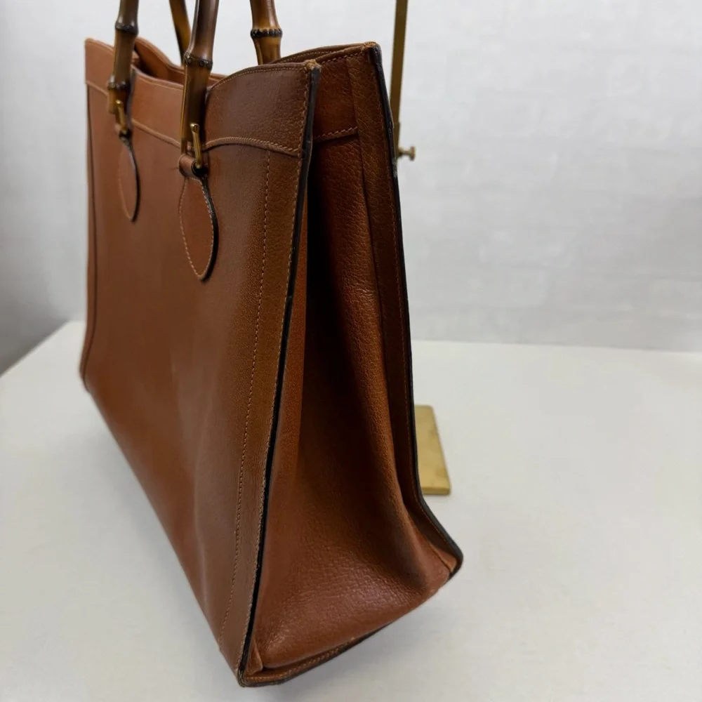 Gucci Vintage Large Bamboo Handle‎ Leather Tote Bag Brown Diana Bag